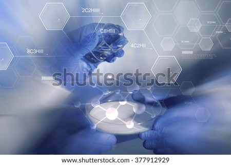 science, chemistry and people concept - close up of scientists hands with glass and chemical powder in petri dish making test or research at laboratory over blue molecule formula