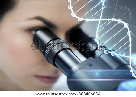 science, chemistry, technology, biology and people concept - close up of young female scientist looking to microscope eyepiece and making research in clinical laboratory with dna molecule structure