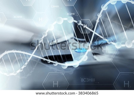 science, chemistry, biology, medicine and people concept - close up of scientist hand with test sample making research in clinical laboratory over hydrogen chemical formula and dna molecule structure