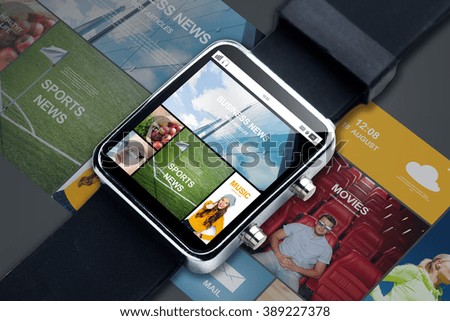modern technology, object, internet and mass media concept - close up of smart watch with news web pages on screen
