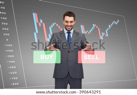 business, technology, finance and people concept - smiling businessman or stock broker over forex chart projection