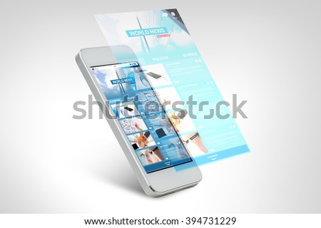 technology, business, electronics, internet  and mass media concept - white smarthphone with world news web page on screen