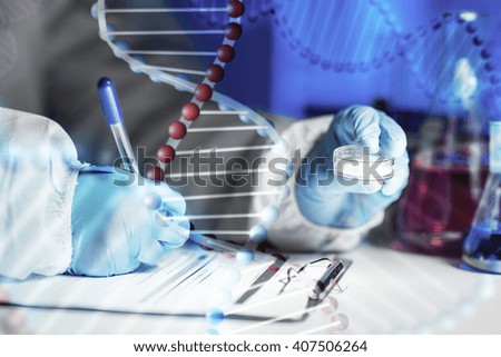 science, chemistry, medicine and people concept - close up of young scientist with chemical sample taking notes on clipboard and making test or research in laboratory over dna molecule structure