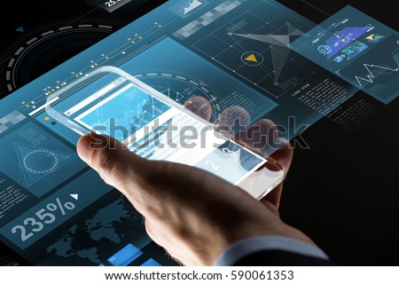 business, statistics, people and future technology concept - close up of businessman hand with charts on transparent smartphone screen and virtual projections over black background