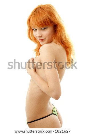 stock photo topless redhead in green thongs
