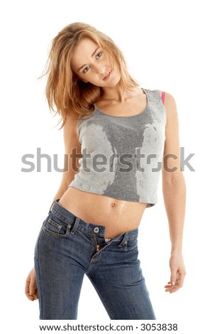 stock photo lovely girl in blue jeans and wet shirt