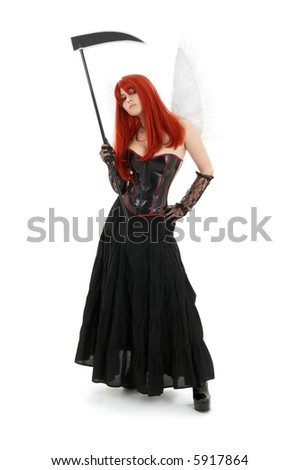 stock photo lovely redhead with angel wings and scythe