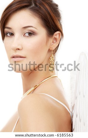 stock photo portrait of brunette angel girl in white lingerie