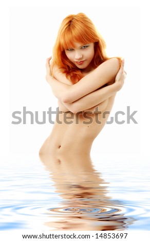 stock photo picture of topless redhead in blue water