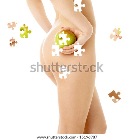 stock photo puzzle of naked woman with green apple over white