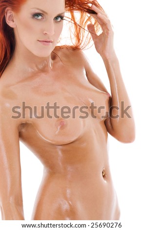 stock photo picture of healthy naked redhead over white
