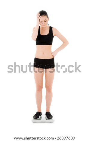 picture of unhappy woman on scales over white