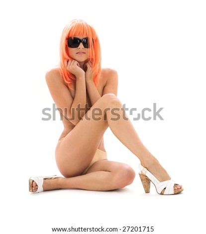 stock photo topless girl in shades with orange hair