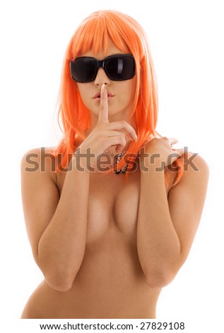 stock photo topless girl in shades with finger on lips