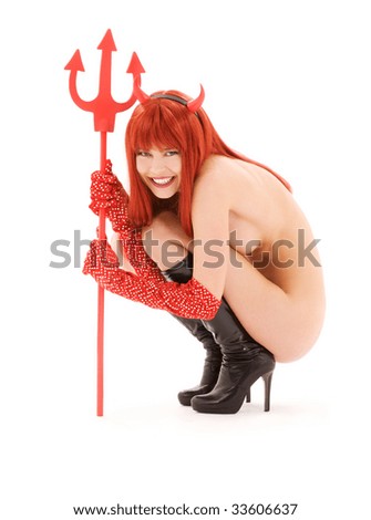 stock photo picture of naked red devil girl with trident