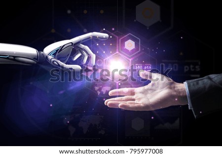 artificial intelligence, future technology and business concept - robot and human hand with flash light and virtual screen projection over black background