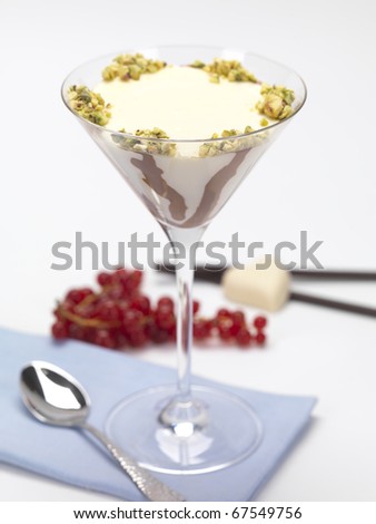 a bicolor pudding decorated with cranberries and two kinds of chocolate,served in a martini glass