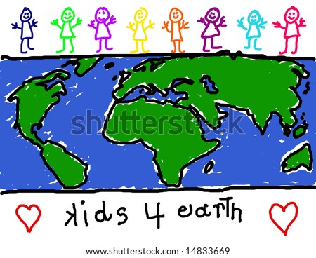Child\'s drawing of diverse group of children promoting earth friendliness