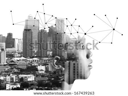 Black and white image the boy with cityscape background (Conceptual Surreal Style)