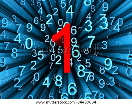 Abstract 3d render,blue numbers 2,3,4,5,6,7,8,9,0 with single red number one close to camera