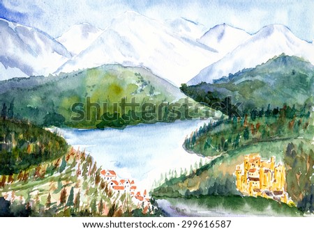 water color painting of mountain and lake view
