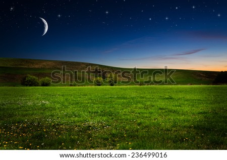 Green field in the night. Elements of this image furnished by NASA.