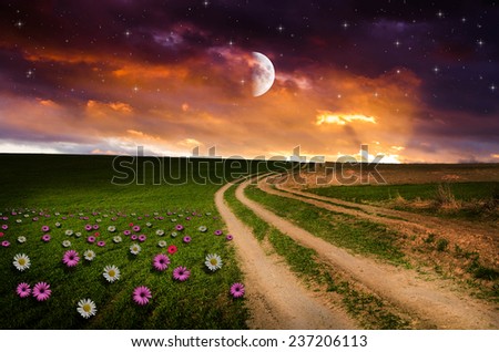 Dirt road in the night. Elements of this image furnished by NASA.