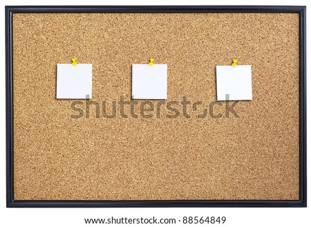 Cork board with three pieces of paper pinned.