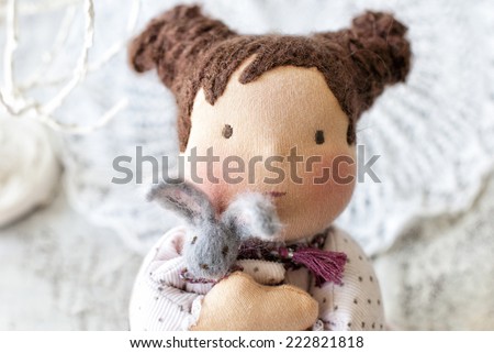 Little girl with rabbit, waldorf doll, handmade toy