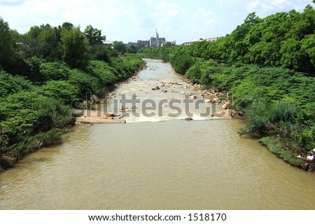 A polluted river with lush green vegetation