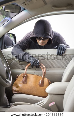 thief stealing handbag from car