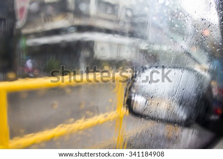 Drops on the window side door in rain