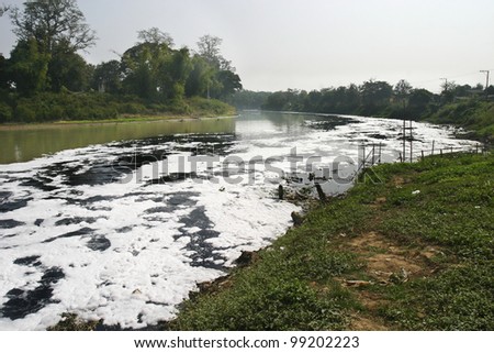 Water pollution in river because industrial not treat water before drain