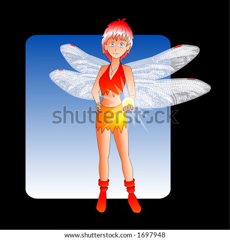 Vector illustration of a manga style fairy with gossamer wings, holding a glowing ball.