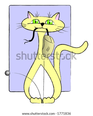 Vector illustration of a happy, proud, yellow kitty with bright green eyes holding a scratched up computer mouse by the frayed cord as the mouse-ball bounces to the floor.