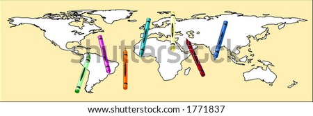 As simple outline world map on a pail yellow background with multicolor crayons spread across it.