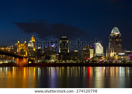 CINCINNATI - MAY 02: Scenic Cincinnati skyline and Ohio river shortly after sunset on May 2, 2015.  Cincinnati is the 3rd largest city in Ohio and 65th largest city in the USA.