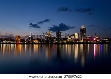 CINCINNATI - MAY 02: Scenic Cincinnati skyline and Ohio river shortly after sunset on May 2, 2015. Cincinnati is the 3rd largest city in Ohio and 65th largest city in the USA.