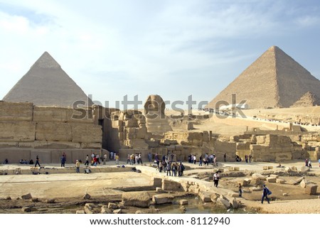 The pyramids of Giza and Great Sphinx near Cairo, Egypt.
