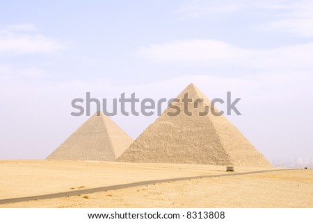 The Pyramids of Cheops and Khafre at the Giza pyramid complex near Cairo, Egypt.