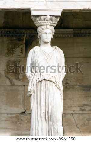 Column on the Porch of the Maidens of the Erechtheum at the Acropolis of Athens in Athens, Greece.