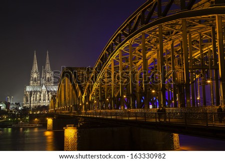 Bridge and the Dom of Cologne at night. Cologne, Germany
