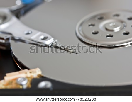 Close up of opened hard disk drive hard disc repairing concept , data saving concept