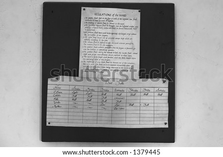 B&W. Regulation & diet table on the bulletin board at Fort Snelling in 1820s More with keyword Series08B.