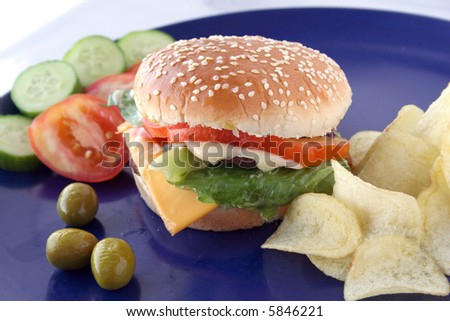 Beef burger sandwich & potato chips