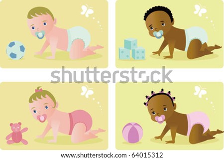 Baby  (Vectors) - 4 babies crawling and playing with toys on the floor