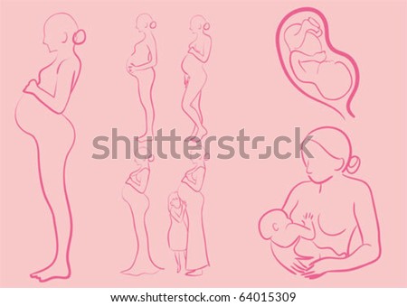 mother&baby-  hand drawn vector family illustrations- pregnant woman, a baby in the womb, a mother breast-feeding her baby