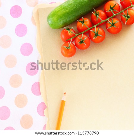 Fresh  Vegetables on a Wooden Background and Paper for Notes. Open Notebook and Fresh Vegetables Background. Diet .Space For  Text