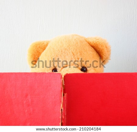 photo of teddy bear reading book. education or playing concept.