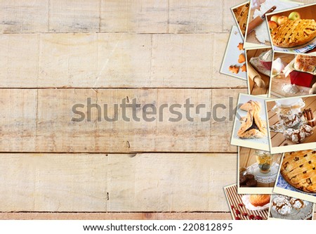 Homemade baking collage with cookies, fresh bread, apple pie and muffins over wooden background.
